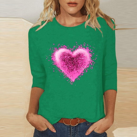 Uootdi 3/4 Sleeve Love Heart Cute Graphic Shirts for Women Coloful Valentine's Day T Shirts Valentines Tee Casual Spring Day Tops Gift