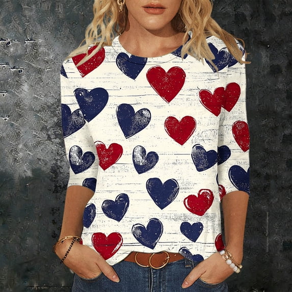 Uootdi 3/4 Sleeve Tops for Women Crewneck American Flag Print Patriotic 4th of July Casual Daily Graphic Blouses Gift