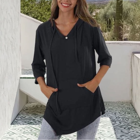 Uootdi 3/4 Sleeve Tops for Women Hooded with Pockets Loose Fit Soft Comfy Casual Daily Loungewear Tunic Shirts Gift