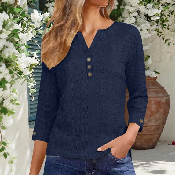 Uootdi 3/4 Sleeve V Neck Womens Tops Eyelet Embroidery Button Shirts Relaxed Fit Comfortable Business Casual Summer Vacation Outfits Gift