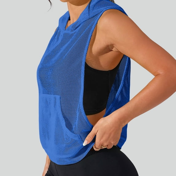 Uootdi Active Tops for Women Mesh Hoodie Sleeveless Vests Soft Comfy Relaxed Fit Workout Gym Fashion Blouses Gift