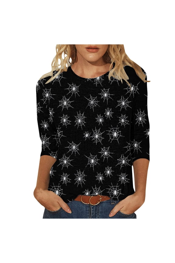 Basic Comfy Womens Halloween Spider Web Shirts Long Sleeve Round Neck Graphic Tops Party Outdoor Black Womens Tops
