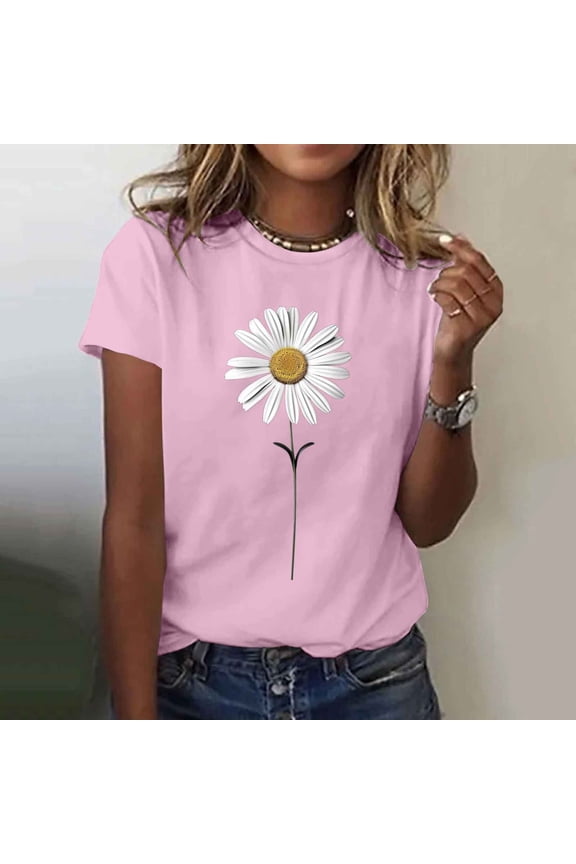 Basic Tees for Women Crew Neck Single Daisy Floral Graphic Print Short Sleeve Tops for Women Regular Fit Soft Stretchy Straight Hem Relaxed Cut Tops for Women