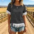 thumbnail image 1 of Uootdi Beach Tops for Women Crew Neck Short Sleeve Fringe Trim Cuff And Hem Polka Dot Print Soft Knit Boho Tops for Women Loose Fit Beach Vacation Lightweight Airy Womens Tees, 1 of 6