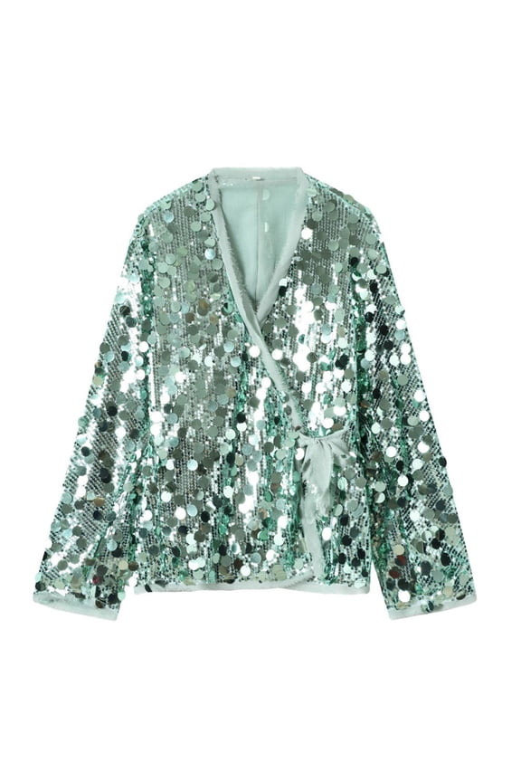 Blazers for Women Girls Oversized Long Sleeve Sequin Blazers Jacket Sequin Wrap Tie Front Gift Cardigan Y2K Sparkly Jacke t Lace