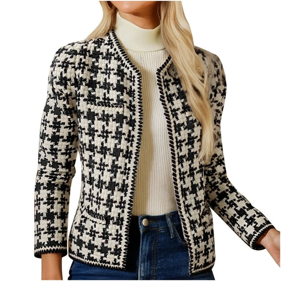 Uootdi Blazers for Women Long Sleeve Jacket Open Front Plaid Tweed Suit Jacket Tweed Blazer Gift Women’s Fall Winter Trendy Elega nt