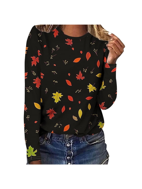 Blouses for Women Crew Neck Long Sleeve Maple Leaf Print Long Sleeve Tops for Women Relaxed Fit Harvest Occasion Lightweight Womens Blouses Gift