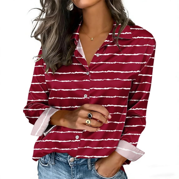 Uootdi Blouses for Women Dressy Casual Long Sleeve Collared Colorblock Print Button Front Relaxed Fit Office Casual Outfits Gift