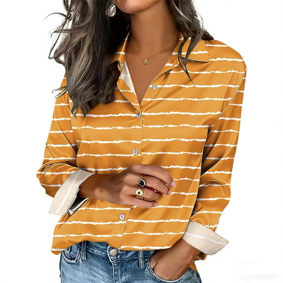 Uootdi Blouses for Women Dressy Casual Long Sleeve Collared Colorblock Print Button Front Relaxed Fit Office Casual Outfits Gift