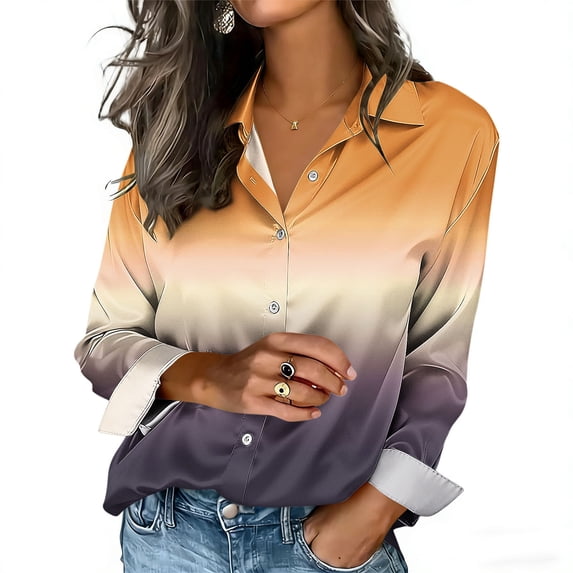 Uootdi Blouses for Women Dressy Casual Long Sleeve Collared Colorblock Print Button Front Relaxed Fit Office Casual Outfits Gift