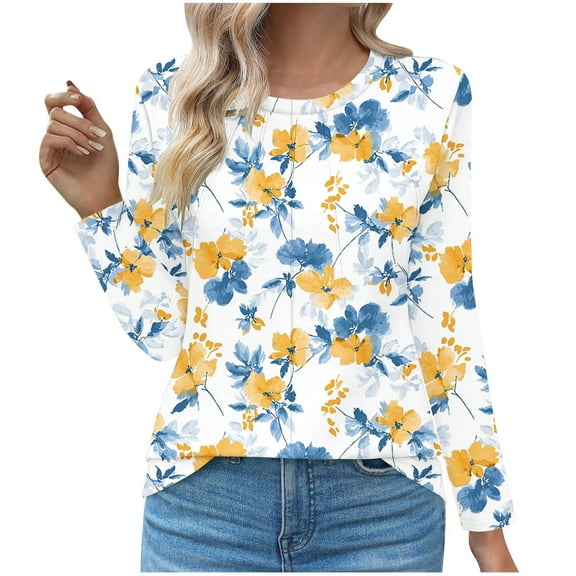 Uootdi Blouses for Women Dressy Casual Long Sleeve Floral Print Pleated Round Neck Gift Tunic Shirts Comfy Graphic Print Trendy T