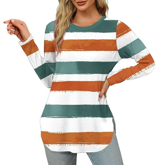 Uootdi Blouses for Women Dressy Casual Long Sleeve Round Neck Tunic Gift Shirts Comfy Graphic Print Trendy T-Shirts Going Out Cas