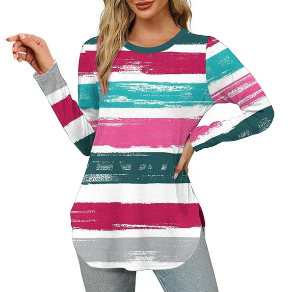 Uootdi Blouses for Women Dressy Casual Long Sleeve Round Neck Tunic Shirts Comfy Gift Graphic Print Trendy T-Shirts Going Out Cas