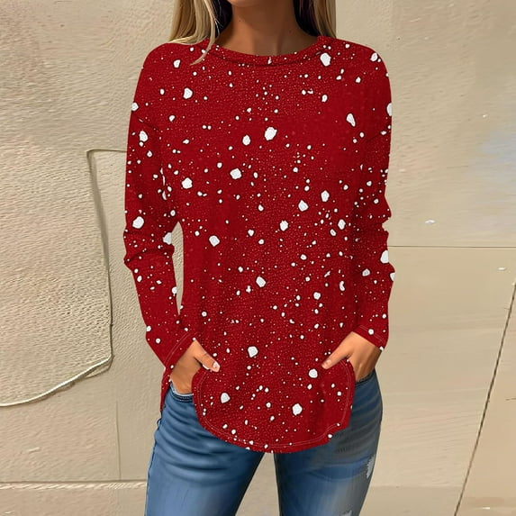 Uootdi Blouses for Women Dressy Casual Long Sleeve Round Neck Tunic Shirts Comfy Gift Graphic Print Trendy T-Shirts Going Out Cas