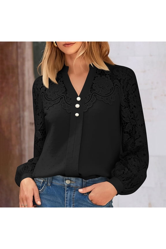 Blouses for Women Dressy Casual Long Sleeve V Neck Button Front Hollow Out Pearl Button Loose Fit Office Commute Blouses Gift