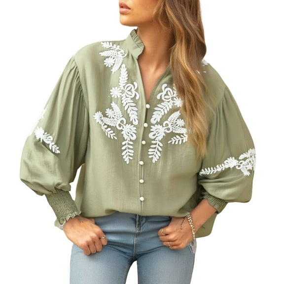 Uootdi Blouses for Women Long Sleeve Button Down Blouses Puff Sleeve Embroidered Boho Shirts Gift for Women Fall Loose Trendy Cas