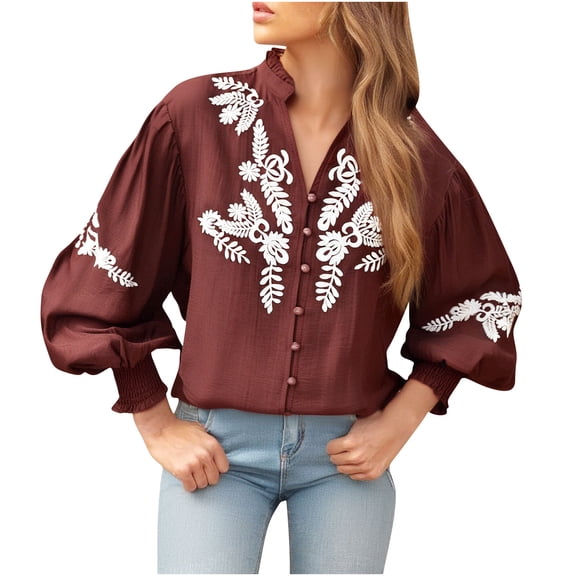Uootdi Blouses for Women Long Sleeve Button Down Blouses Puff Sleeve Embroidered Boho Shirts Gift for Women Fall Loose Trendy Cas