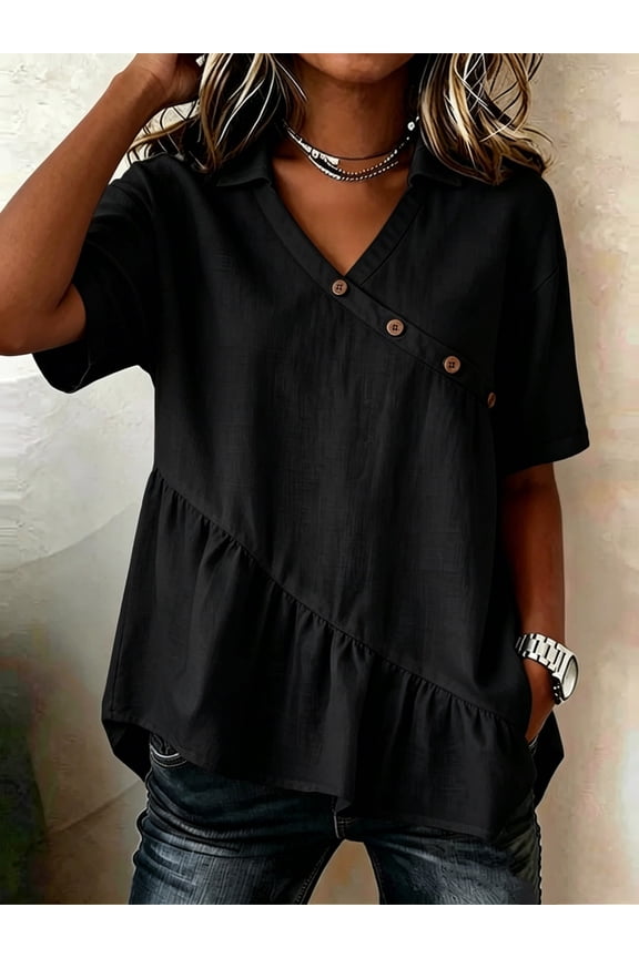 Blouses for Women Short Sleeve Collared Neck Ruffle Hem Tops Modern Minimalist Style Soft Airy Relaxed-Fit Daily Tees Gift