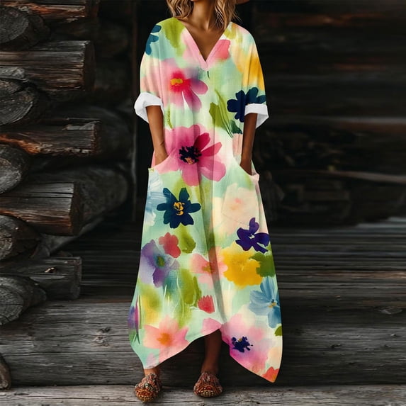 Uootdi Boho Dresses for Women Flower Print V Neck Short Sleeve Dress Soft Breathable Vacation Outfits Gift