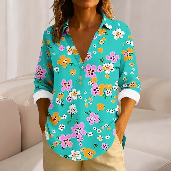 Uootdi Boho Long Sleeve Shirts for Women V Neck Button Down T Shirts Casual Loose Fit Floral Print Basic Tops Tees Blouses Gift