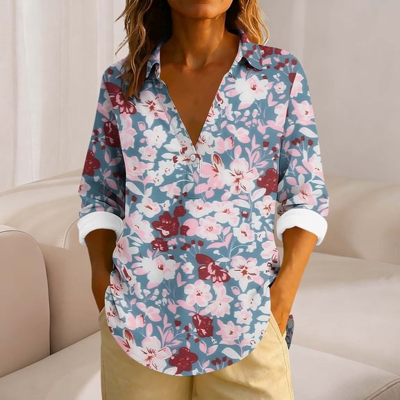 Uootdi Boho Long Sleeve Shirts for Women V Neck Button Down T Shirts Casual Loose Fit Floral Print Basic Tops Tees Blouses Gift