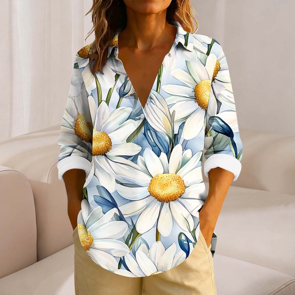 Uootdi Boho Long Sleeve Shirts for Women V Neck Button Down T Shirts Casual Loose Fit Floral Print Basic Tops Tees Blouses Gift