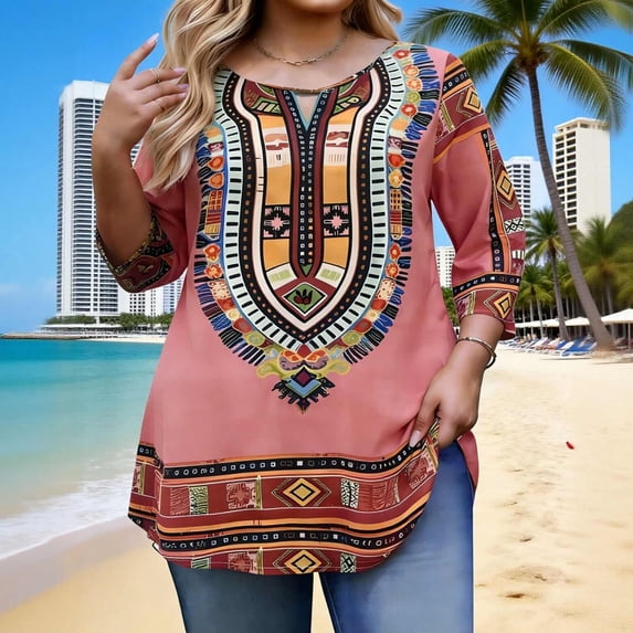 Uootdi Boho Tops for Women 3/4 Sleeve Crewneck Ethnic Geometric Print Relaxed Fit Trendy Casual Vacation Outfits Gift