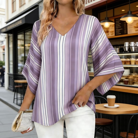 Uootdi Boho Tops for Women 3/4 Sleeve V Neck Ethnic Geometric Print Flared Sleeve Relaxed Fit Trendy Casual Vacation Outfits Gift