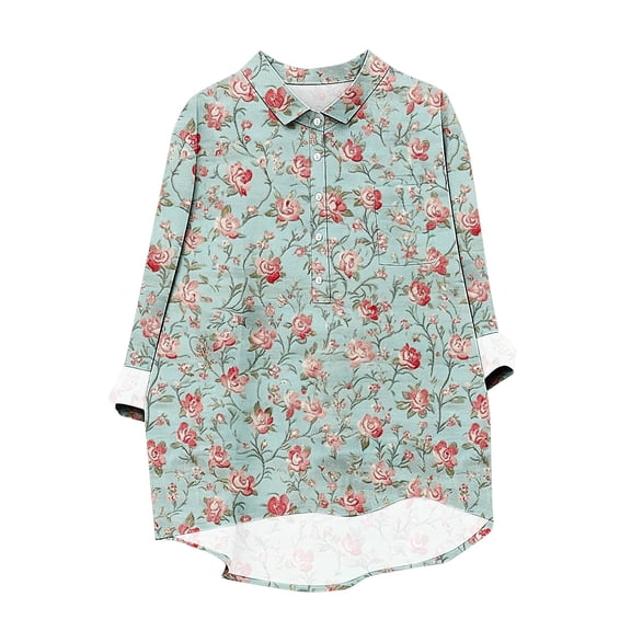Uootdi Boho Tops for Women Boho Print Lapel Button Down Long Sleeve Shrit Gift for Women Loose Fit Shirt Casual Top