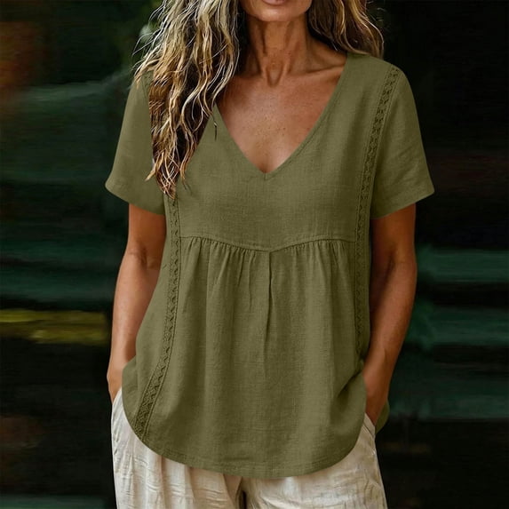 Uootdi Boho Tops for Women Deep V Neck Short Sleeve Side Hollow Stitch Detail Plain Peplum Tops for Women Relaxed Fit Vacation Airy Womens Tees