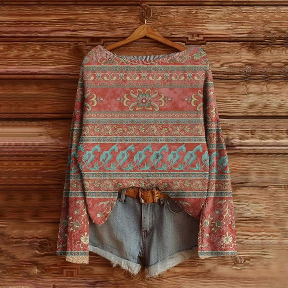Uootdi Boho Tops for Women Gift Long Sleeve Tops for Women Vintage Floral Print Knit Pullover Oversized Contrast Stitching Color Tops