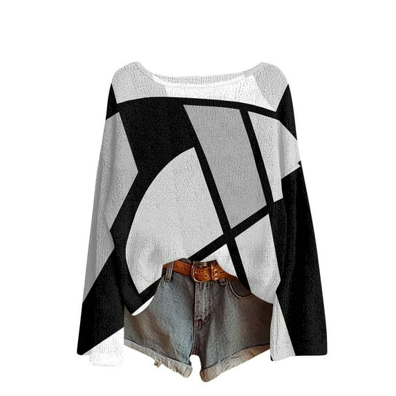 Uootdi Boho Tops for Women Gift Long Sleeve Tops for Women Vintage Floral Print Knit Sweaters Oversized Contrast Stitching Color