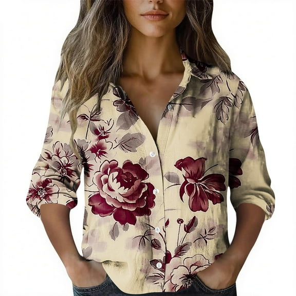 Uootdi Boho Tops for Women Gift Vintage Print Floral Button Down long sleeve shirts for women Ladies Casual Retro Ethnic Blouses