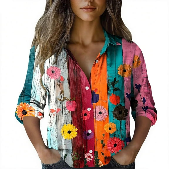 Uootdi Boho Tops for Women Gift Vintage Print Floral Button Down long sleeve shirts for women Ladies Casual Retro Ethnic Blouses