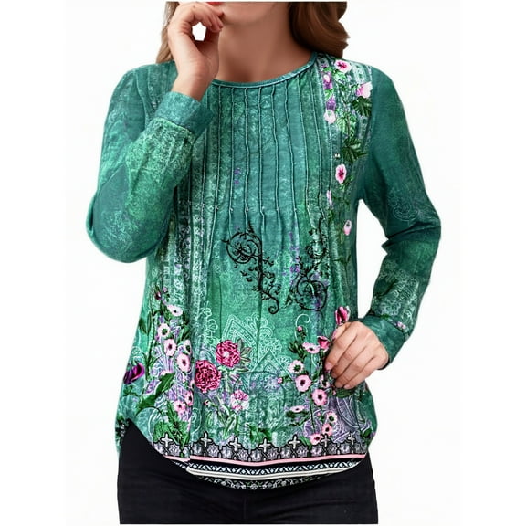 Uootdi Boho Tops for Women Long Sleeve Shirts for Women Casual Pleated Front Crew Neck Gift Top Floral Boho