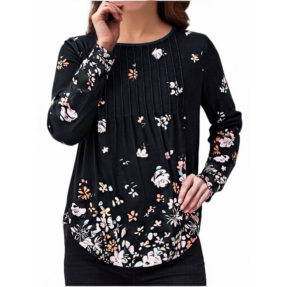 Uootdi Boho Tops for Women Long Sleeve Shirts for Women Casual Pleated Front Crew Neck Gift Top Floral Boho