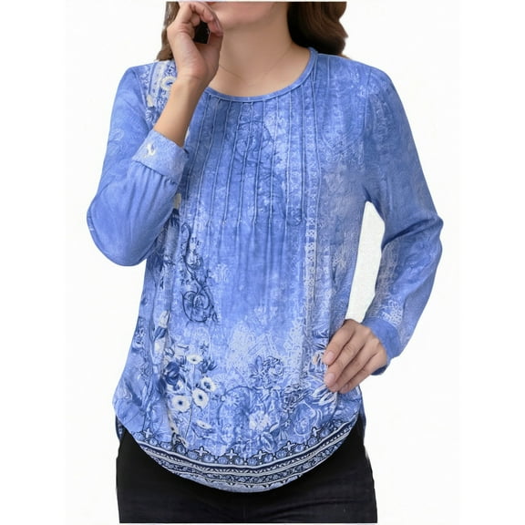 Uootdi Boho Tops for Women Long Sleeve Shirts for Women Casual Pleated Front Crew Neck Gift Top Floral Boho