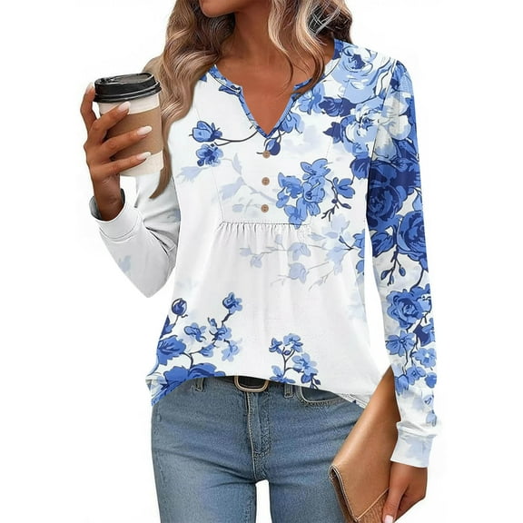 Uootdi Boho Tops for Women Long Sleeve Shirts for Women Casual Pleated V Gift Neck Fall Tunic Tops Button Down Blouse Dressy