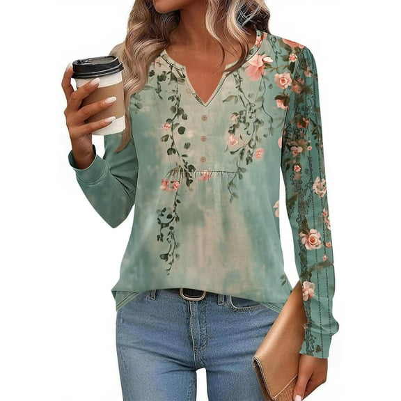 Uootdi Boho Tops for Women Long Sleeve Shirts for Women Casual Pleated V Gift Neck Fall Tunic Tops Button Down Blouse Dressy