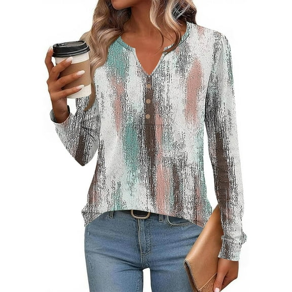 Uootdi Boho Tops for Women Long Sleeve Shirts for Women Casual Pleated V Gift Neck Fall Tunic Tops Button Down Blouse Dressy