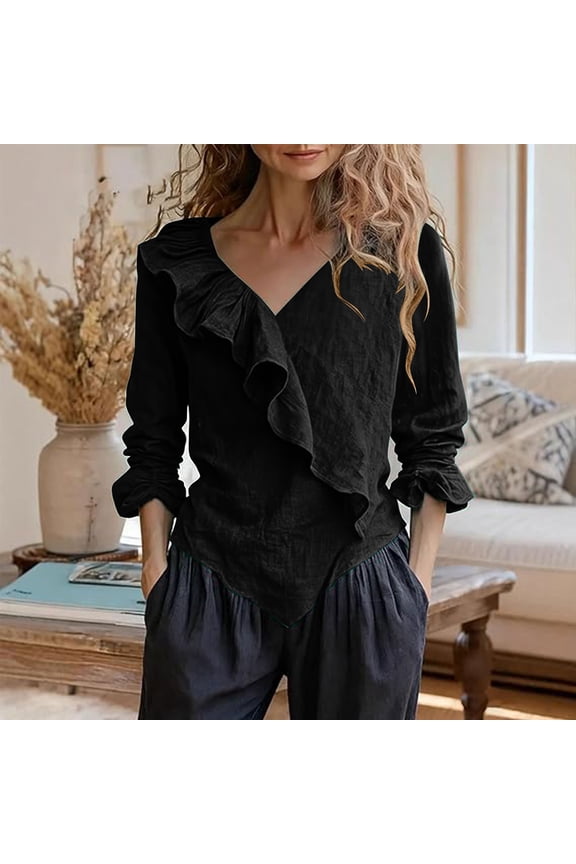 Boho Tops for Women Long Sleeve V Neck Ruffle Trim Asymmetrical Hem Loose Fit Beach Stroll Weekend Outings Boho Chic Tops Gift
