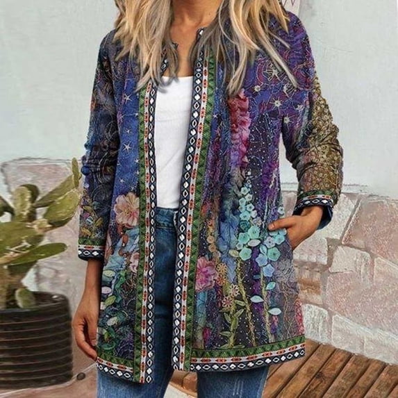 Uootdi Boho Tops for Women Retro Ethnic Floral Print Jacket Coat Fall Trendy Vintage Long Sleeve Cardigan with Pocket Gift
