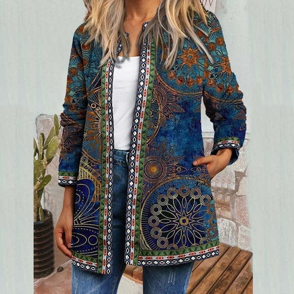 Uootdi Boho Tops for Women Retro Ethnic Floral Print Jacket Coat Fall Trendy Vintage Long Sleeve Cardigan with Pocket Gift
