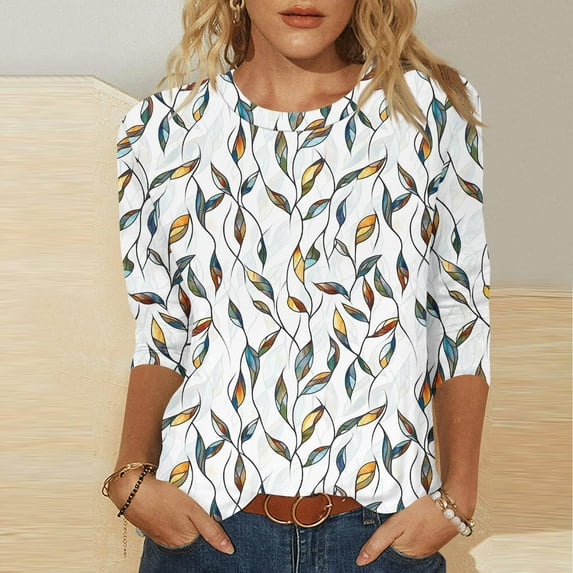 Uootdi Boho Tops for Women Shirts for Women 3/4 Gift Length Sleeve Tunic Blouses Print Tops Crew Neck Funny Graphic Tees