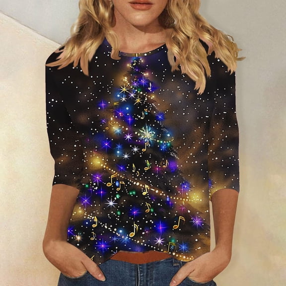 Uootdi Boho Tops for Women Shirts for Women 3/4 Gift Length Sleeve Tunic Blouses Print Tops Crew Neck Funny Graphic Tees