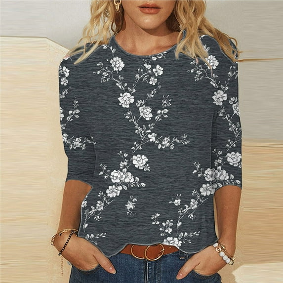 Uootdi Boho Tops for Women Shirts for Women 3/4 Gift Length Sleeve Tunic Blouses Print Tops Crew Neck Funny Graphic Tees