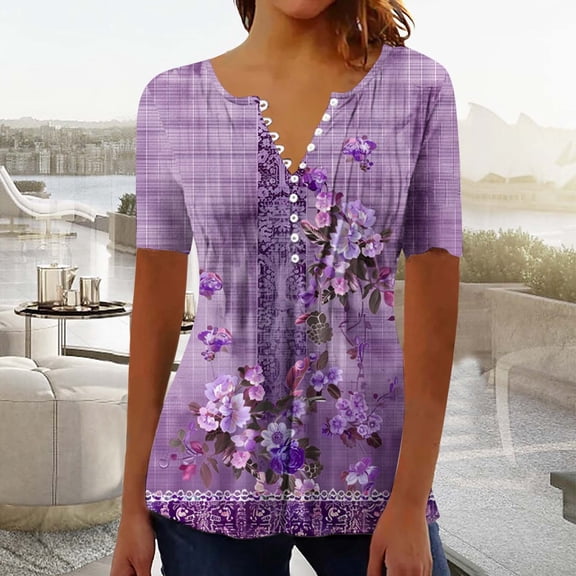 Uootdi Boho Tops for Women V Neck Short Sleeve Plaid Pink Floral Color Block Print Womens Tops Relaxed Fit Lightweight Womens Blouses for Women
