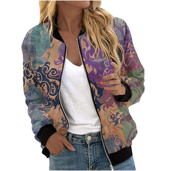 Uootdi Bomber Jackets for Women Vintage Floral Zip Up Coats Fashion Casual Streetwear Jackets Long Sleeve Lightweight Outwear Gift
