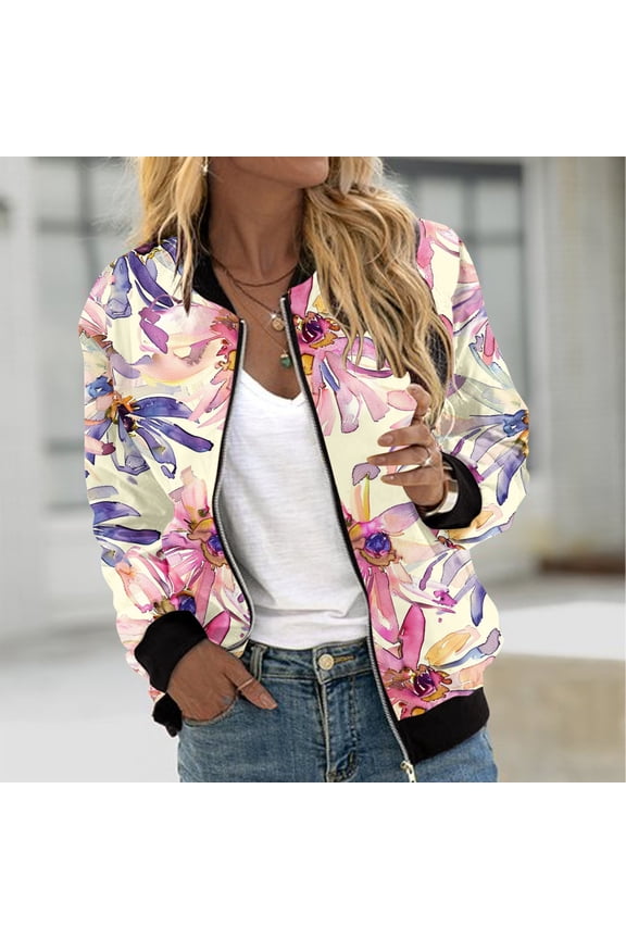 Bomber Jackets for Women Vintage Floral Zip Up Coats Fashion Casual Streetwear Jackets Long Sleeve Lightweight Outwear Gift
