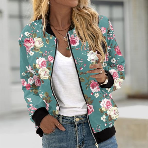 Uootdi Bomber Jackets for Women Vintage Floral Zip Up Coats Fashion Casual Streetwear Jackets Long Sleeve Lightweight Outwear Gift